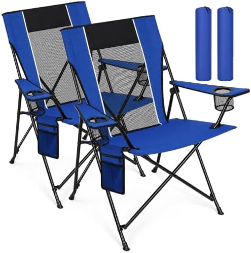 Romswi Oversized Portable Folding Camping Chair for Adults, Heavy Duty Outdoor Sports Chair with Dual Cup Holders, Side Pocket and Carry Bag, for Lawn, Beach, Fishing, Picnic and Tailgating,Blue