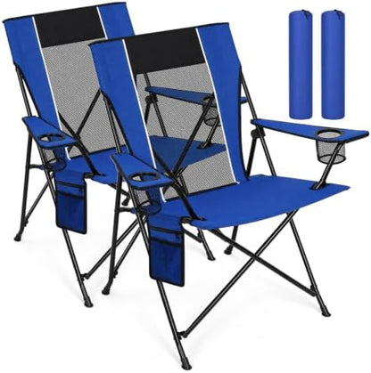 Romswi Oversized Portable Folding Camping Chair for Adults, Heavy Duty Outdoor Sports Chair with Dual Cup Holders, Side Pocket and Carry Bag, for Lawn, Beach, Fishing, Picnic and Tailgating,Blue
