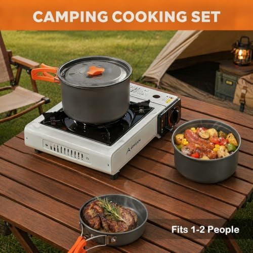 12-Piece Lightweight Camping Cookware Set – Nonstick Pot, Pan & Utensils for Backpacking & Hiking – Portable Mess Kit for 1–2 People, Bonus 2 Emergency Blankets