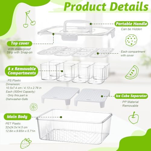 Snackle Box Container Food Grade Clear Plastic, Insulated Cooler Bag, 8 Removable Cups, Divided Serving Tray with Lid Handle Forks Spoons for Picnic Beach Road Trip Party, Ice Pack Not Included