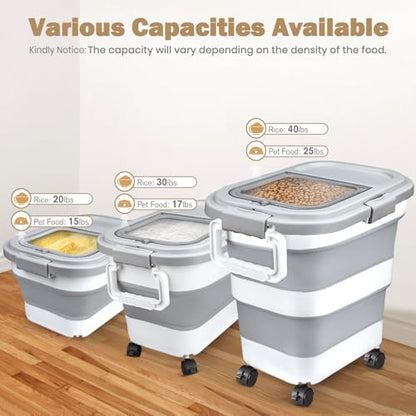Komzon Rice Storage Container 10-40 lb, 25 lb Pet Dog Food Storage Container, Collapsible Airtight Rice Container,Rice Dispenser Bin with Cup and Scoop for Flour Cereal Pasta Grain, Cat Bird Food