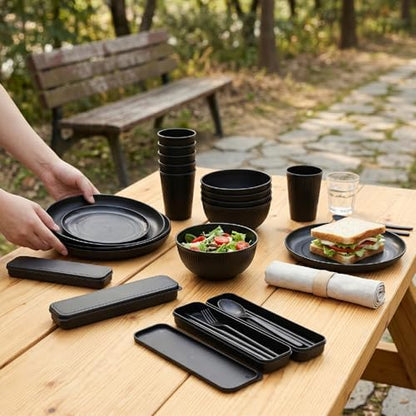 Luocute Dinnerware Set for 4, 12 Pieces Reusable Plates and Bowls Sets Microwave and Dishwasher Safe, with Cutlery Set, for Travel Camping Kitchen