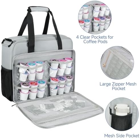 LEFOR·Z Coffee Maker Travel Bag Compatible with Keurig K-Slim/K-Express/K-Iced/Ninja PB051/PB041ST,Single Serve Coffee Brewer Carrying Case with Multiple Pockets for K-Cup Pods,Grey(Bag Only)