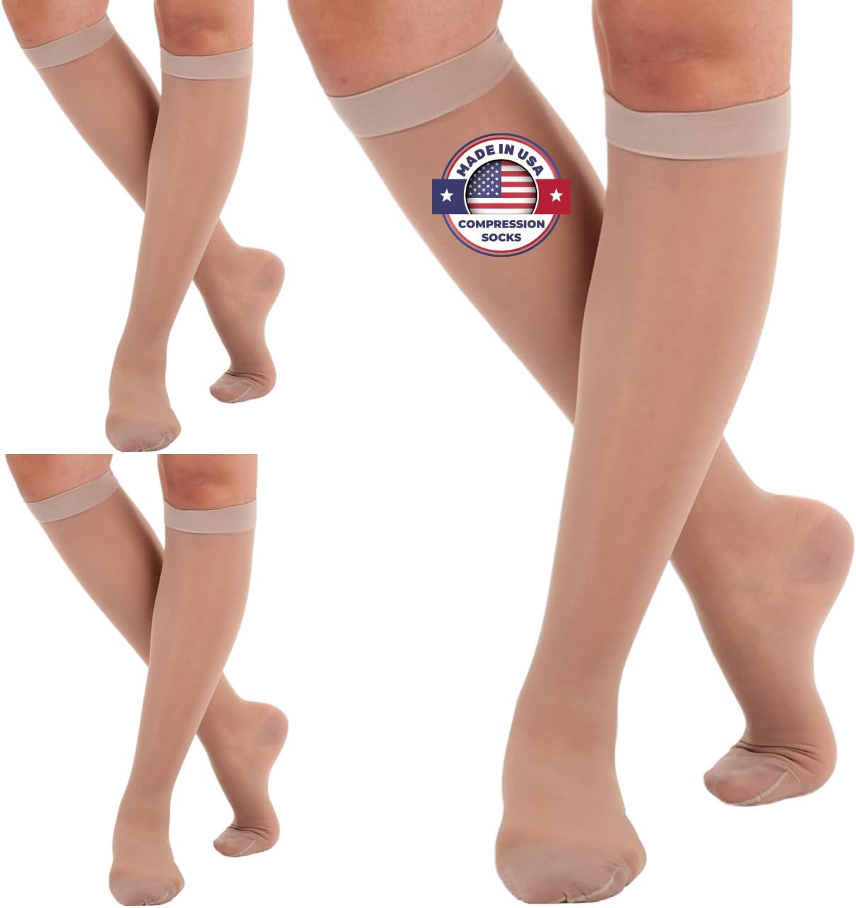 (3 Pairs - Closed Toe) Made in USA - Plus Size Compression Stockings for Women 15-20mmHg - Womens Sheer Compression Knee High for Varicose Veins, Swelling, Pain Relief - Nude, 2X-Large - A101NU5-3