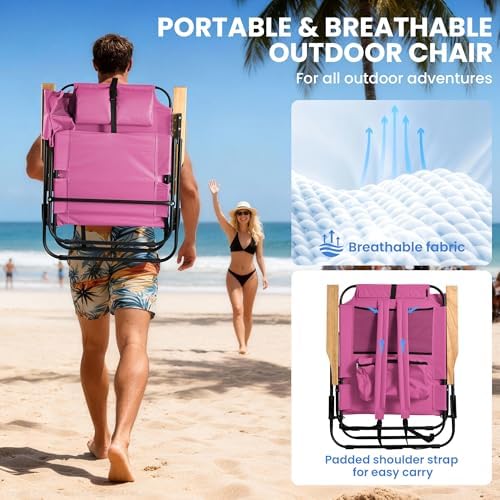 2 Pack Premium 5-Position Reclining Camping Chair - Portable Folding Lightweight Outdoor Chair with Wooden Armrests, Headrest & Pockets, 350lbs Heavy Duty for Beach, Patio, Backyard, Pink