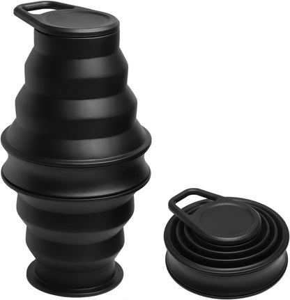 Collapsible Silicone Water Bottle - Foldable, Lightweight, and BPA-Free | 500ml (17oz) Reusable Leakproof Bottle for Camping, Travel, and Gym | Compact & Durable with Carabiner - Black