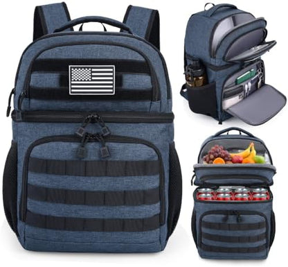 MOZETO Lunch Backpack for Men, Tactical Inspired Double Deck Cooler Backpack Insulated Leakproof RFID Lunchbox for Work (Army Blue)