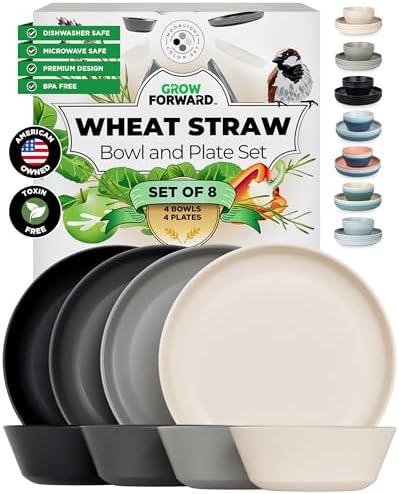 Grow Forward Premium Wheat Straw Plates and Bowls Sets - 8-Piece Wheat Straw Dinnerware Sets - Unbreakable & Reusable Microwave Safe Plastic Dinner Plates for Outdoors, RV, Camping Dishes - Moonlight