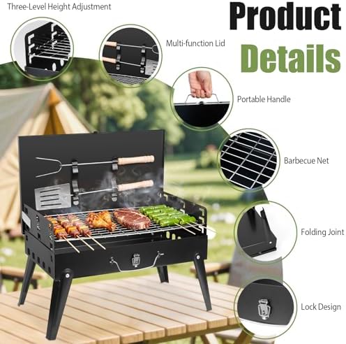 Portable Charcoal Grill, Small Foldable BBQ Suitcase Grill with Storage Shelf, Barbecue Grill for Outdoor Camping Picnics Garden Backyard Patio Parties, 16.7"×10"×17.7"