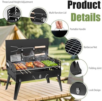 Portable Charcoal Grill, Small Foldable BBQ Suitcase Grill with Storage Shelf, Barbecue Grill for Outdoor Camping Picnics Garden Backyard Patio Parties, 16.7"×10"×17.7"