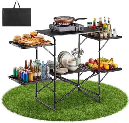 VEVOR Camping Kitchen Table, Slim-Fold Cook Station, Portable Folding Table, with 4 Side Tables, Heat Resistant Tabletop, and Carrying Bag, Ideal for Outdoor Picnics, BBQs, Camping, RV Traveling