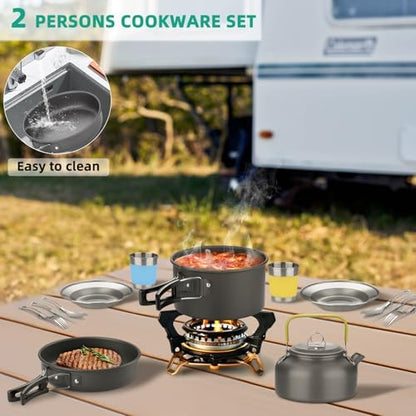 17pcs Camping Cookware Kit, Nonstick Pots Pans and Kettle Set