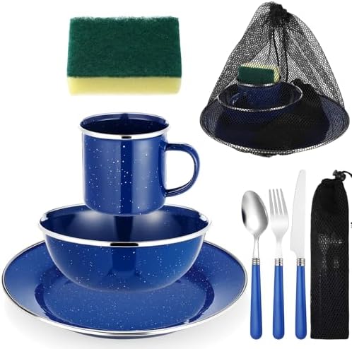 LemonRoad 9 Pcs Camping Enamel Plates Cups and Bowls Set Camping Mess Kit, Enamel Bowl Mug Plate Knife Fork Dishwashing Sponge Utensil Bags Storage Straps Lightweight Tableware for Backpacking Hiking