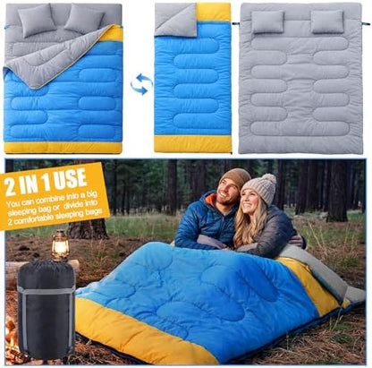 4 Pcs Camping Tent Set Include 1-2 Person Tent, Sleeping Bag, Air Mattress and 110v Ac/12v Electric Air Pump with 3 Nozzles Easy Set up Shelter with Rain Fly and Carrying Bag for Outdoor