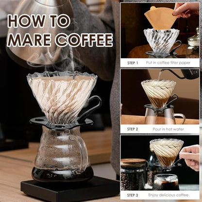 V60 Pour Over Coffee Dripper, 02 Filter For 1-4 Cups Reusable Coffee Maker 60° Heat-Resistant Glass Cone Easy-to-Clean Drip Coffee Maker Perfect for Pourover Coffee Enthusiasts