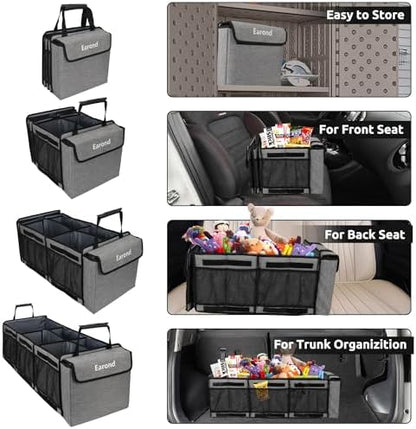 Collapsible Trunk Organizer with Insulated Leakproof Cooler Bag,Removable Lid,Adjustable Securing Straps,3 Compartments Trunk Organizer for SUV,Truck,Sedan(Light Grey)