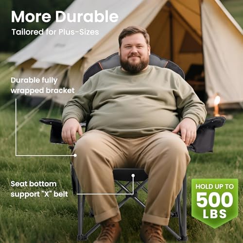 Folding Camping Chairs for Adults - High Back Padded Outdoor Lawn Chairs with Lumbar Support & Cup Holder, 500lbs Heavy Duty Portable Camping Chairs Set (Black & Gray, 1 PCS)
