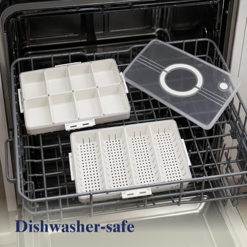 2 Pack Snack Box Container with 8 PP Compartments & 4 Draining Grids, Food Storage Tray with Lid & Handle, Dishwasher Safe, Portable Organizer for Picnic, Travel, Party