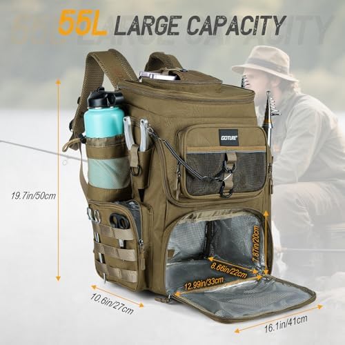 Goture Fishing Backpack with Cooler,55L 900D Tackle Backpack & Rod Holders