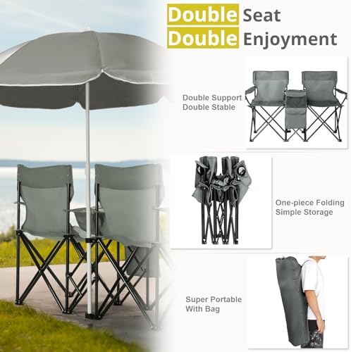 Outvita Folding Double Camping Chair w/Umbrella, Cooler for Beach Patio L