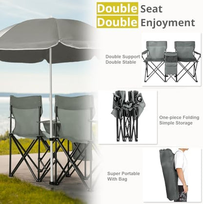 Outvita Folding Double Camping Chair w/Umbrella, Cooler for Beach Patio L