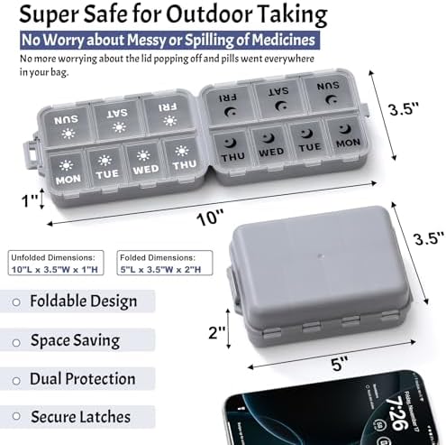 Foldable Portable 7 Day Pill Organizer 2 Times a Day, AM PM Weekly Pill Box