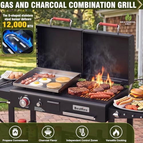 Bestfire Dual Fuel Gas & Charcoal Grill Combo, 327 Sq.In Propane Flat Top Griddle w/Cast Iron Griddle, Dual Lids, Side Shelves, Outdoor Griddle for Small Gatherings & Cookouts