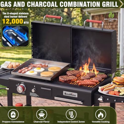 Bestfire Dual Fuel Gas & Charcoal Grill Combo, 327 Sq.In Propane Flat Top Griddle w/Cast Iron Griddle, Dual Lids, Side Shelves, Outdoor Griddle for Small Gatherings & Cookouts