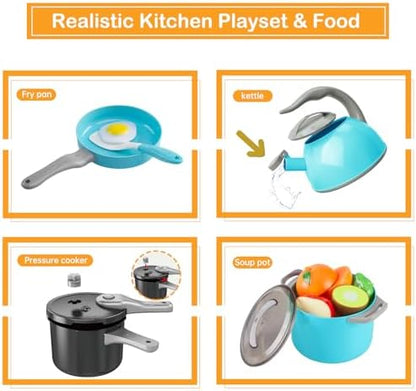 105Pcs Kids Kitchen Toy Accessories, Toddler Pretend BBQ Camping Cooking Playset, Play Pots, Pans, Utensils Cookware Toys, Play Food Set, Vegetables, Learning Gift for Girls Boys (Turquoise)