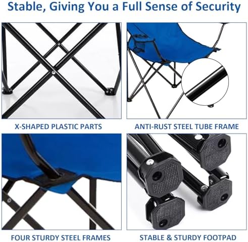 Folding Camping Chair with Cup Holder, 225lbs Capacity, Portable Foldable Chair with Large Anti-Sink Feet, PE Coated Fabric for Outdoor, Beach, Fishing, Backpacking, Blue 2PCS