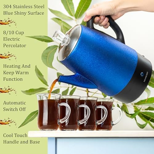 Mixpresso 10 Cup Shiny Blue Electric Percolator Coffee Pot, Stainless Steel