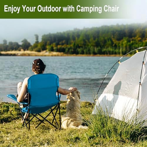 2PCS Folding Camping Collapsible Chairs Heavy Duty Lawn Chair with Cooler Bag, Storage Pocket, Waterproof Bag Outdoor Arm Chair, Supports 225LBS, Blue