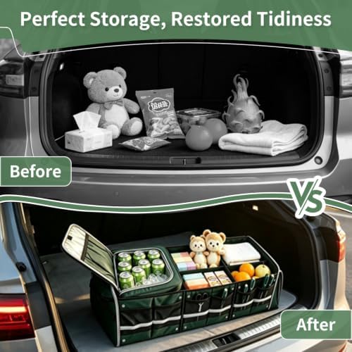 Car Trunk Organizer with Cooler Bag, Collapsible Multi-Compartment Storage Organizer for SUV Truck (Green)