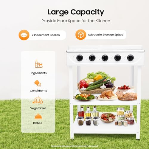 Gas Stove 5 Burner, 2500W Portable Grill BBQ Gas Stove Outdoor Camping Cooking BBQ Grill with 2-Tier Storage Rack for Motorhome Travel and Outdoor Cooking (White)