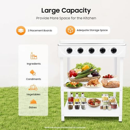 Gas Stove 5 Burner, 2500W Portable Grill BBQ Gas Stove Outdoor Camping Cooking BBQ Grill with 2-Tier Storage Rack for Motorhome Travel and Outdoor Cooking (White)