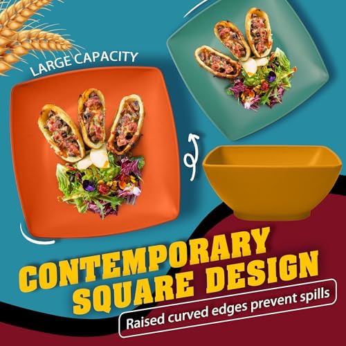 Teivio 56-Piece Plastic Wheat Straw Square Dinnerware Set for 8, Unbreakable Dinner Plates, Snack Bowls, Tumblers 13.5 oz, With Flatware,Dishwasher Safe, Outdoor Camping RV Dish, Autumn Multicolor
