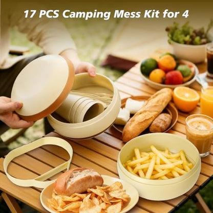 Camping Dishes Picnic Set, 17Pcs Plastic Dinnerware Dishes Sets for 4