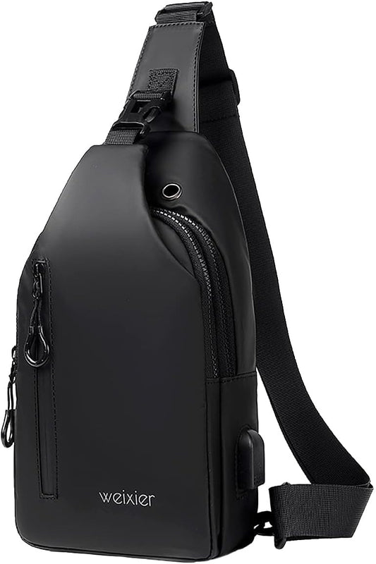 Waterproof Sling Bags Mens Shoulder Crossbody Backpack with USB Charging Port& Headphone,Outdoor Lightweight Bag