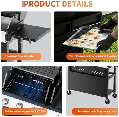 5-Burner Propane Gas Griddle – 40,000 BTU Convertible Flat Top Grill with Hood & Removable Cart – Portable for Camping, Tailgating, Backyard