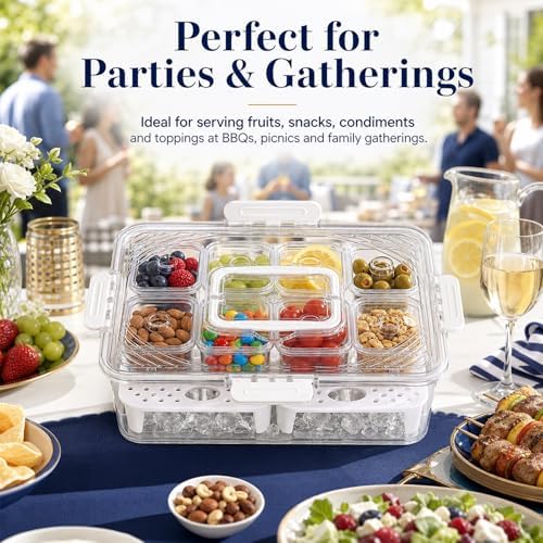 Upgraded 8-Compartment Chilled Condiment Server with Carry Handle, Large Cocktail Garnish Tray, Portable Fruit Tray with Ice Bottom, Cook Out Essentials for BBQ, Taco Bar, Camping