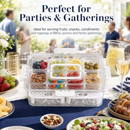 Upgraded 8-Compartment Chilled Condiment Server with Carry Handle, Large Cocktail Garnish Tray, Portable Fruit Tray with Ice Bottom, Cook Out Essentials for BBQ, Taco Bar, Camping