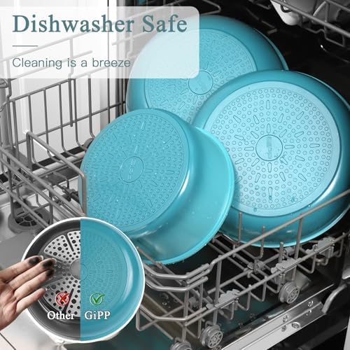 GIPP 5pcs Pots and Pans Set Non Stick, Nonstick Cookware Set Detachable Handle, Ceramic Pots for Cooking Non Stick with Removable Handle, RV Cookware Set for All Stoves, Light Blue Gradient