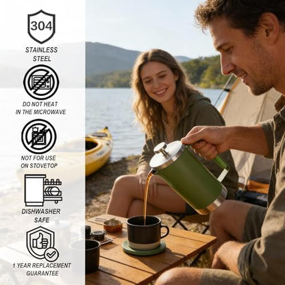 Stainless Steel French Press Coffee Maker 21OZ, 600ml Coffee Press Tea Press for Personal, Office, Travel,Camping (Green, 1-3 Cups)