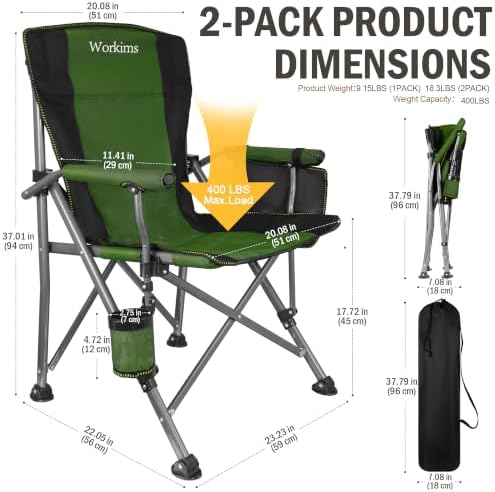 2 Pack Folding Camping Chair with Cup Holder and Storage Bag,Heavy Duty Supports 400 LBS,Portable Outdoor Chair for Camp,Lawns,Travel,Fishing,Green