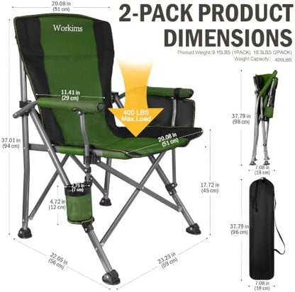 2 Pack Folding Camping Chair with Cup Holder and Storage Bag,Heavy Duty Supports 400 LBS,Portable Outdoor Chair for Camp,Lawns,Travel,Fishing,Green