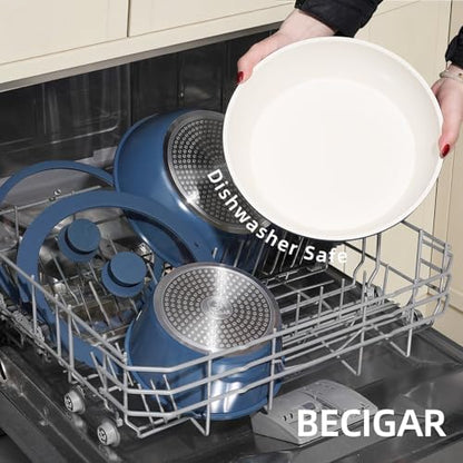 BECIGAR 23pcs Ceramic Pots and Pans Set, Nonstick Detachable Handle Cookware, Induction Kitchen Cooking Set with Removable Handle,include Frying Pans & Saucepans Oven Safe(Blue)