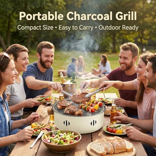 Portable Charcoal Grill, 13''diameter Mini Tabletop BBQ Grill with Stainless Steel Grate, Compact Outdoor Charcoal Barbecue for Camping, Picnic, Backyard, Travel, Small Grill for 2-4 People