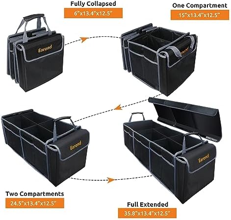 Car Trunk Organizer with Lid,Collapsible Car Storage Organizer with Multi Compartments and Securing Straps for SUV,Sedan,Jeep-Black & Grey