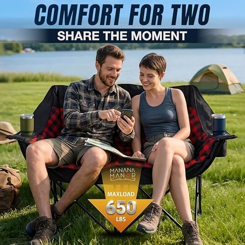 2 Person Camping Chair - Double Folding Chair for Adults - Supports 650 Pounds - Extra Padded Double Seat Camping Chair - Portable 2 Person Camping Couch for Patio and Beach
