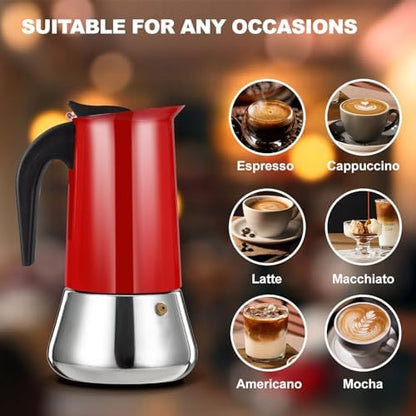 2 Cup Stovetop Espresso Maker Stainless Steel Moka Pot Stove Top Percolator Italian Coffee Makers Capable Mocha Greca Machine Cafe Classic Induction Cookers for Home and Camping 100ml 3.3oz